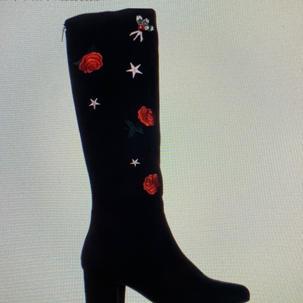 Betsy Johnson Embellished Black Swede Boots with Rhinestones and Decals